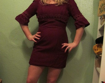 1960s Burgundy Mini Dress with min bell sleeves sz M
