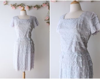 Pastel Layered Lace Dress - Vintage 1960's Light Blue Wiggle Dress with Tiered Lace - Romantic Dress - Size Large