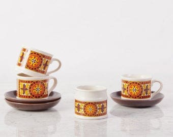 Mid Century Teacup Set / Sadler Tea Cup set / Boho tea Set / Tea Cups and Saucer Set / Midcentury Retro Pottery Set / Mismatched Tea Cups