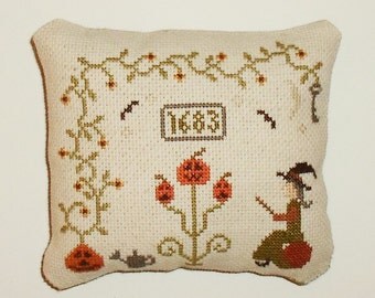 Completed Cross Stitch Primitive Pinkeep Tuck Halloween Decor Griselda Pincushion Pinkeep