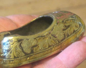 India Brass Etched Slipper Ashtray , Painted Brass Shoe , Mid Century Ashtray