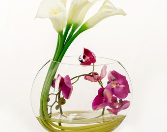 Unique Design Large Real Touch Elegant White Calla Lilies Purple Orchids Half Moon Glass Vase Artificial Faux Arrangement