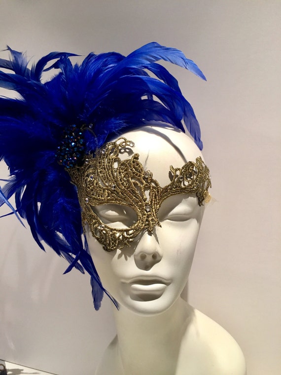 Royal Blue Mask Lace Mask Feather Mask-Masquerade Mask