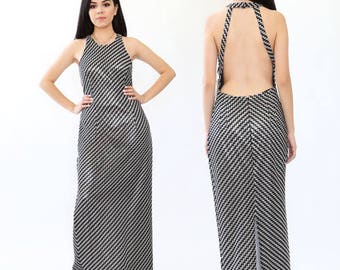 VTG 90s Metallic Sliver ZigZag Crochet backless cocktail party Maxi dress M