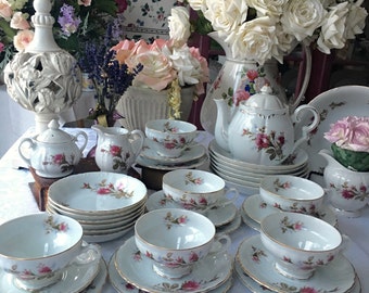 Complete Moss Rose Tea Set for 6 with Lipper and Mann Musical Teapot 35 Pieces, Wedding Gift Grantcrest Royal Rose