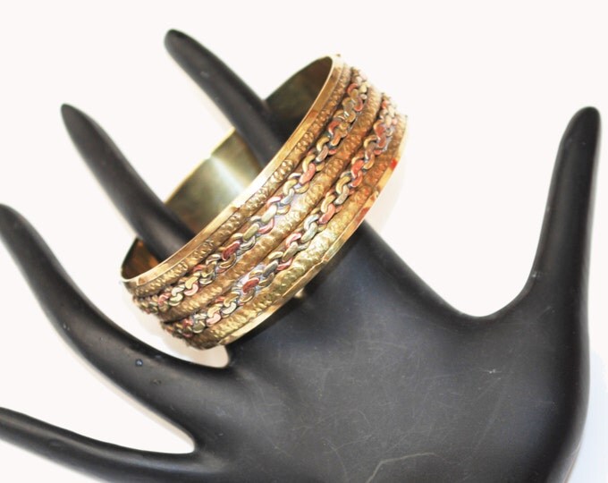 Brass Copper Boho Bangle - Woven chain - Mixed Metals - Wide Chunky Bracelet