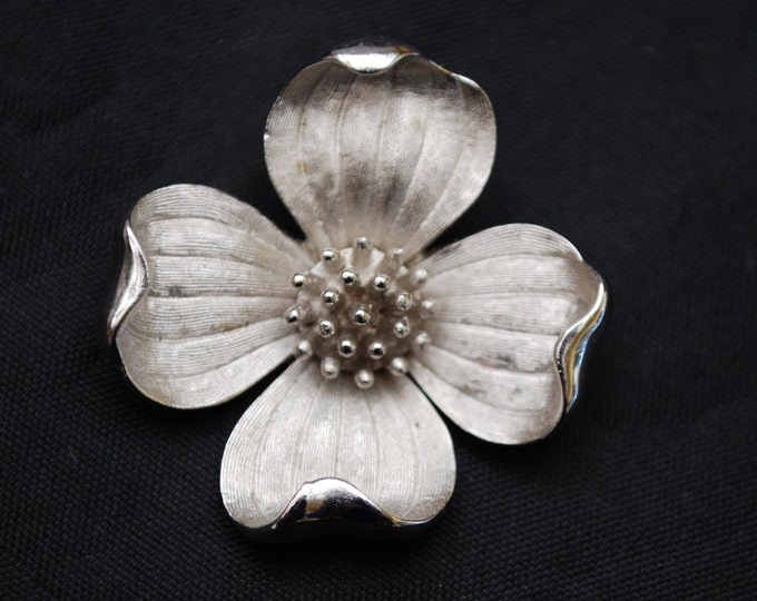 Crown Trifari Dogwood Flower brooch -silver tone metal - Mid Century pin