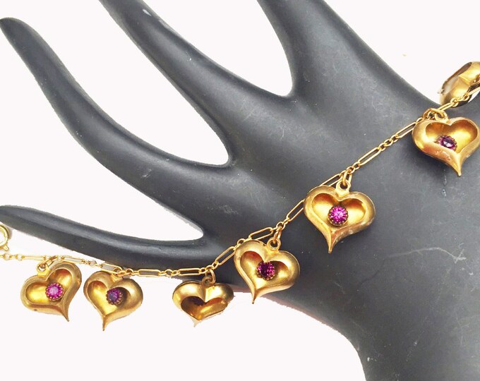 Gold heart Charm Bracelet - Signed Pididdly links -Purple rhinestone -Gold plated link bangle