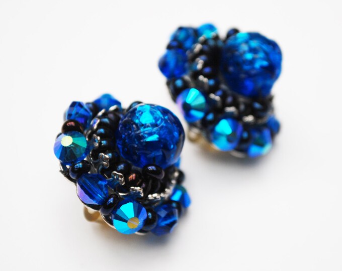 Hobe Bead Cluster earrings - Blue Art Glass - silver black - clip on earring