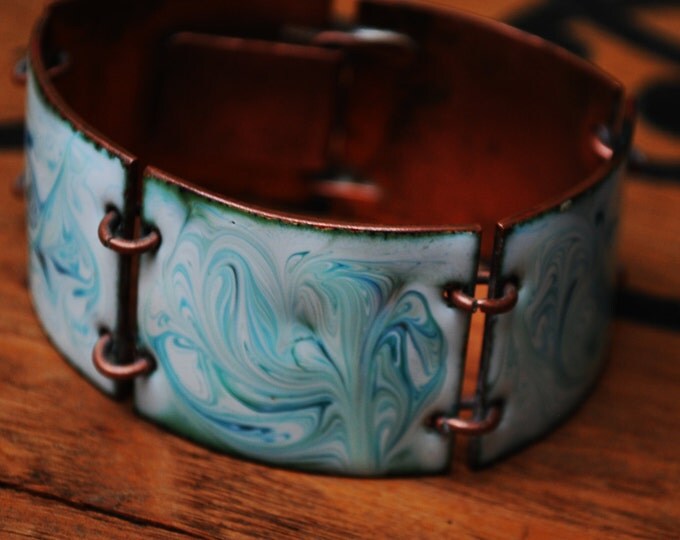 Copper Enamel Panel Bracelet - Blue green white marble enameling - Chunky Boho Link Bangle