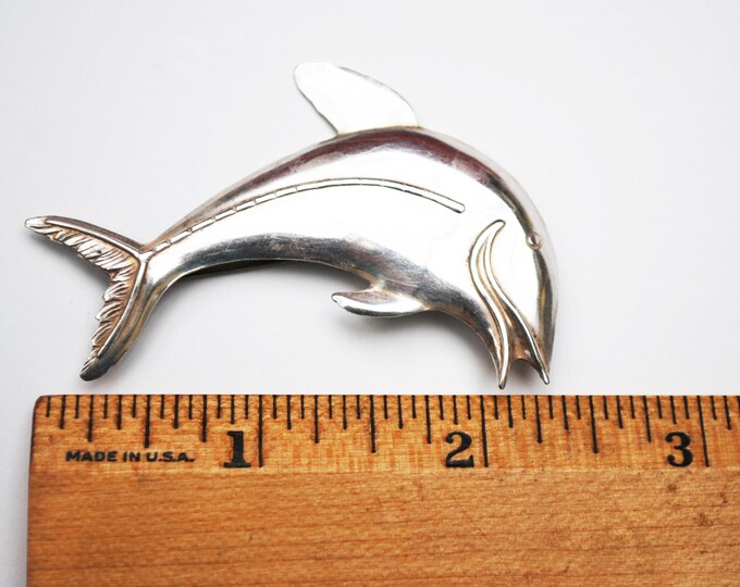 Sterling Dolphin Brooch - Silver Swimming fish - Sea life figurine pin