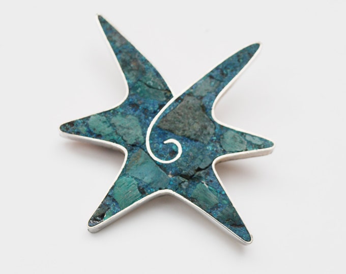 Sterling Turquoise star fish Brooch - Signed Beto Taxco - Blue Gemstone inlay - Mexico Pin