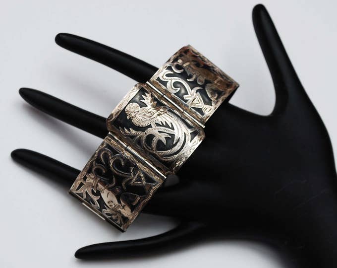 900 Silver Tribal Panel Bracelet - Wide Story link Bangle - Bird -south American - Black oxidation - Silver overlay