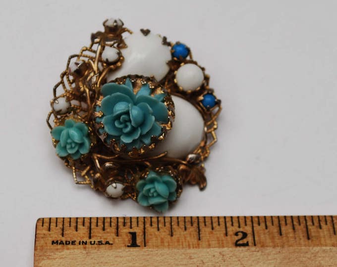 Blue Celluloid Flower brooch - White milk glass - Cluster cabochon pin - gold filigree