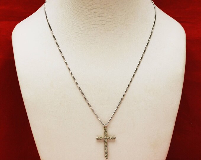 Rhinestone Cross Pendant Necklace - Clear crystal - Silver tone metal - religious necklace