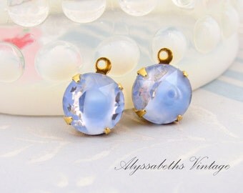 Vintage Light Blue & Clear Givre 11mm Round Glass Set Stones in Brass or Antique Silver Drop or Connector Settings Earring Findings - 2