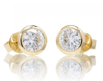 14 Karat Yellow Gold Bezel Set Moissanite Earring Studs