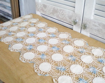 Vintage Crochet Lace Table Runner In Blue And Ivory/Wedding Table Runner/Something Blue/Vintage Handmade Runner/Shabby Chic/Tea Party