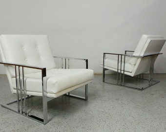 pair mid century modern Milo Baughman chrome white leatherette cantilever lounge chairs
