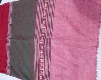 Vietnamese cotton fabric, wrap, sarong, Pink, red and green, Hand woven.
