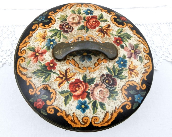 Round Vintage French Metal Cookie Tin with Floral Pattern and Handle on the Lid, Shabby, Romantic, Retro, Decor, Country, Box, 1950, 1960