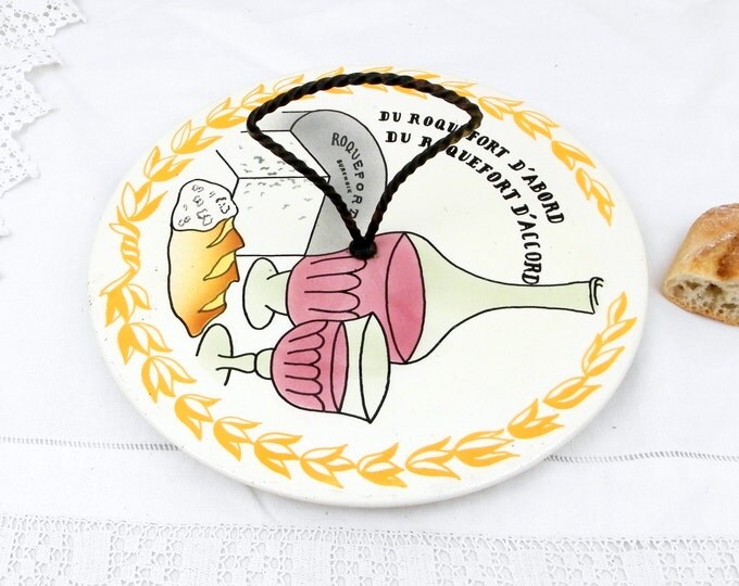 Vintage French Mid Century Ceramic Cheese Platter With Retro Illustration of a Carafe of Wine, Baguette and Roquefort Blue Cheese, Food