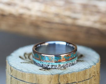 Mens Wedding Band Patina Copper, Antler & Turquoise Wedding Ring - Staghead Designs