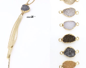 Gold Filled Druzy Tassel Necklace / Raw Druzy Pebble Necklace / Bohemian Jewelry Gifts for Her / Gold Fringe Necklace / Festival Jewelry