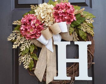 Summer Wreath, Burlap Wreath,Front Door Wreath,Grapevine Wreath,Farmhouse Wreath,Cream Hydrangea Wreath,Mother's Day Gift,Housewarming Gift