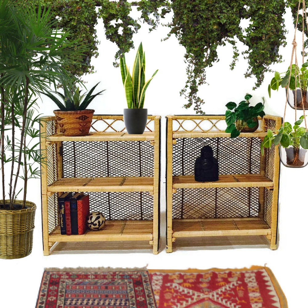 Vintage Rattan Bookcase Bamboo Pair Matching Set Bohemian