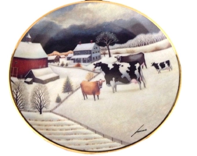 Farm Decor Wall Plate, Cows in The Winter, Folk Art Decor, Cow Plate, American Artist Lowell Herrero, Gift For Dairy Farmer, Dairy Farm Gift