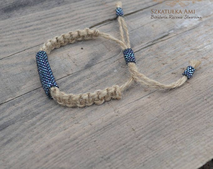 Blue hemp bracelet, guys bracelet, men bracelet, natural bracelet, hippie bracelet, men jewelry, macrame bracelet, bead bracelet, beaded