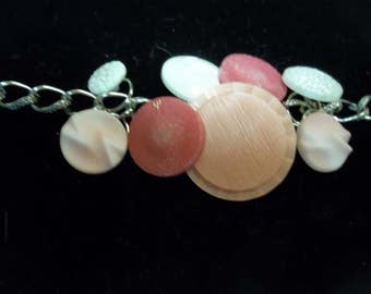 Vintage Button Charm Bracelet in Pink and White,Handmade, 317S