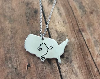 Custom Handstamped USA necklace, personalized stamped long distance necklace, heart over city dotted line jewelry, going away gift