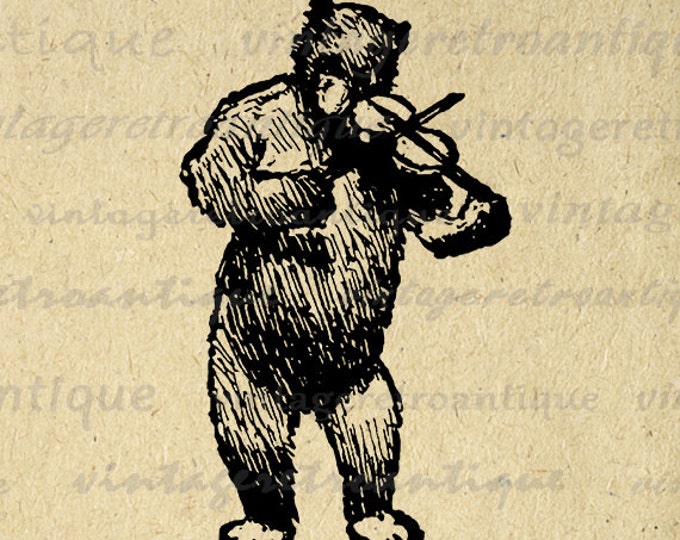 Printable Bear Playing Violin Image Digital Illustration Download Graphic Vintage Clip Art Jpg Png Eps HQ 300dpi No.3007