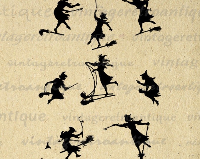 Digital Printable Witch Flying with Broom Silhouettes Image Graphic Download Vintage Clip Art Jpg Png Eps HQ 300dpi No.3244