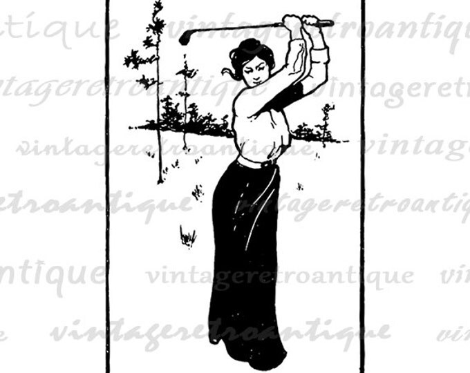 Printable Image Lady Golfer Woman Graphic Golf Digital Download Antique Clip Art Jpg Png Eps HQ 300dpi No.3849