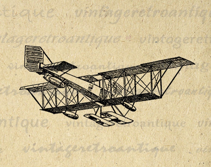 Seaplane Airplane Graphic Image Printable Biplane Digital Plane Download Antique Clip Art Jpg Png Eps HQ 300dpi No.1035