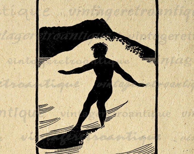 Surfing Silhouette Graphic Digital Printable Download Image Artwork Vintage Clip Art Jpg Png Eps HQ 300dpi No.2193