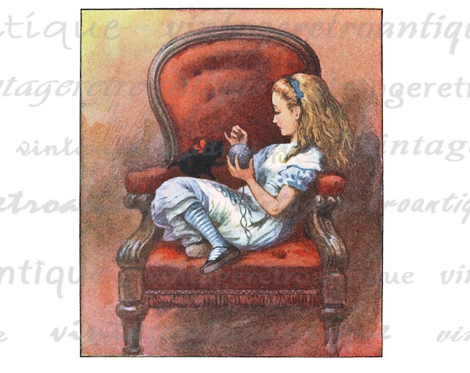 Printable Alice and Kitten in Chair Alice in Wonderland Digital Image Graphic Download Vintage Clip Art Jpg Png Eps HQ 300dpi No.2807