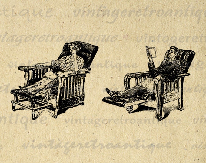 Printable Graphic Antique Man and Woman in Recliner Image Furniture Chair Download Digital Vintage Clip Art Jpg Png HQ 300dpi No.1219