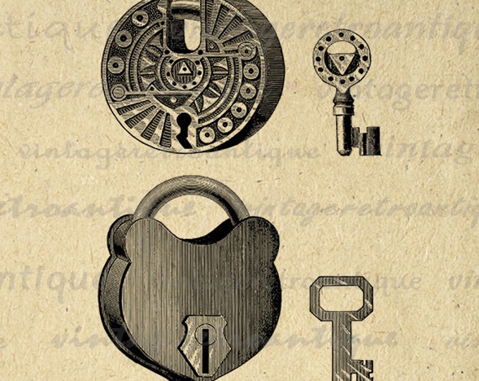 Printable Graphic Antique Padlocks Pad Lock and Key Image Padlock Download Digital Artwork Vintage Clip Art Jpg Png HQ 300dpi No.1750