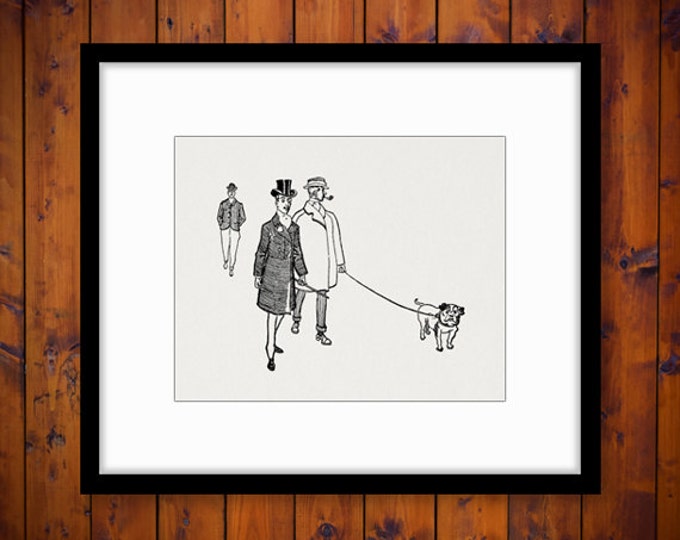 Walking a Bulldog Graphic Printable Digital Dog Download Image Antique Clip Art for Transfers Printing etc HQ 300dpi No.1632