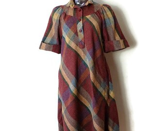 Vintage Reddish Brown Checked/Plaid Short Sleeve Tunic Dress from 70's*