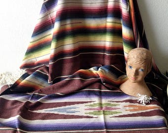 Vintage woven blanket Mexican Saltillo striped Serape throw colorful stripes bed covering rug fringe boho