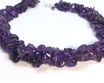 Three Strand Amethyst Necklace Sterling Silver Amethyst Bead Necklace Natural Stone Chunky Multi Strand Adjustable Length