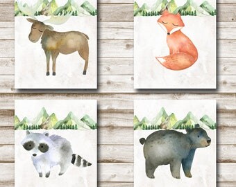 Woodland Animals Printable Set Nursery Wall Art Watercolor Woodland Print Playroom Decor 8x10 Bear Fox Raccoon Moose Photography Prop