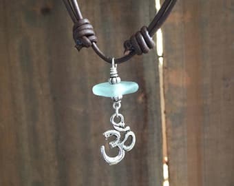 Blue Sea glass and Ohm Necklace, Sea Glass Choker, Yoga Necklace, Beach Glass Necklace, Sea Glass Necklace, Ohm Symbol Choker