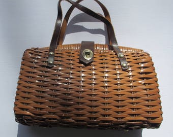 Vintage Made In Crown Colony Of Hong Kong Woven Handbag Purse Vinyl and Leather Bag
