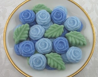 36 Blue Open Rose & Leaf shaped sugar cubes for tea party, shower, party favor, wedding sugar, bridal sugar, hostess gift